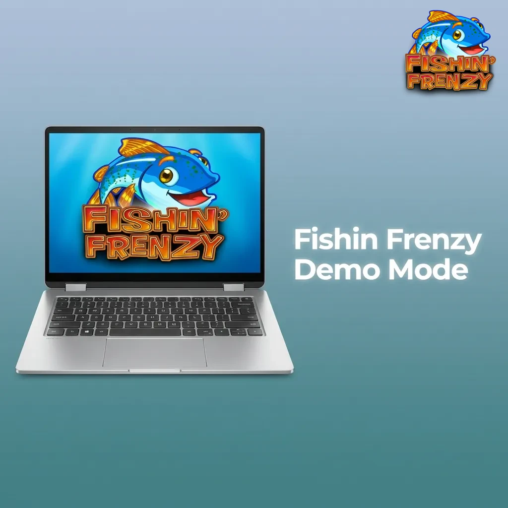Fishin Frenzy slot game demo mode interface showing reels, virtual credits, and fisherman wild symbol on screen