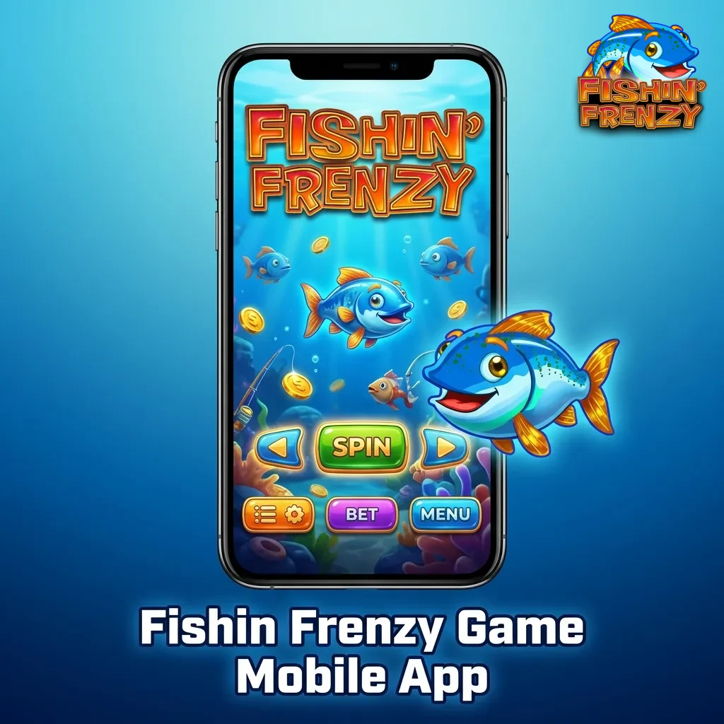 Fishin Frenzy slot game displayed on mobile phone screen showing colorful fishing-themed interface and gameplay features