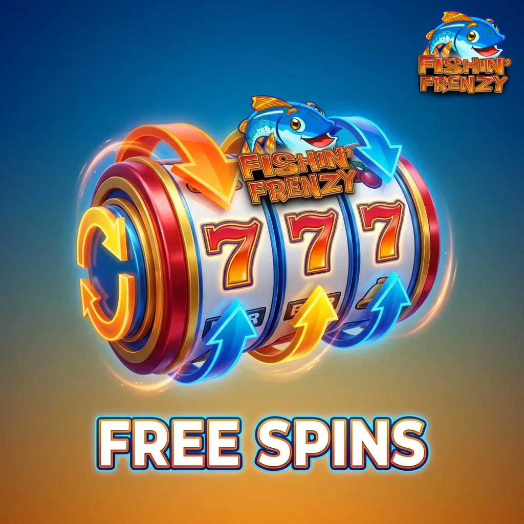 Free spins bonus on Fishin Frenzy slot machine with casino chips and reels showing fish symbols