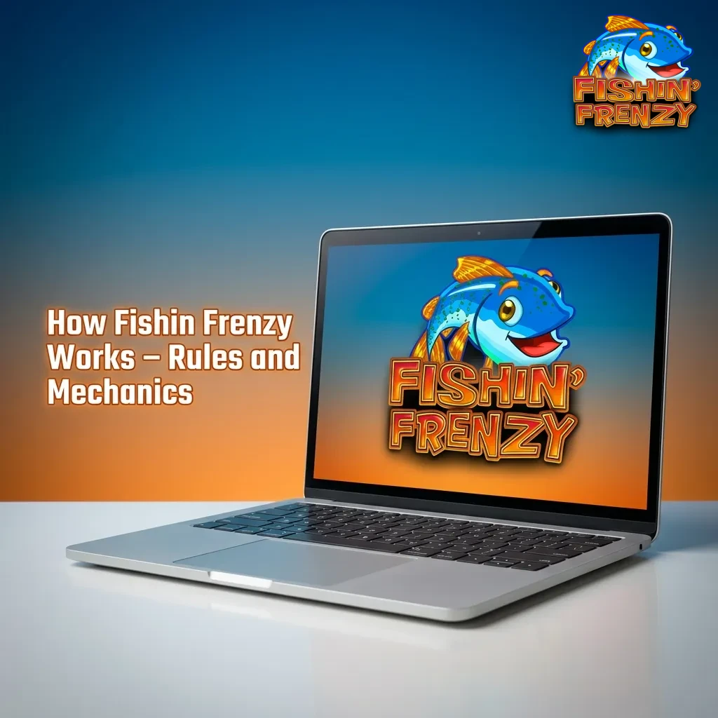 Colorful fishing-themed slot game reels showing fisherman, fish, and tackle box symbols on a five-reel interface