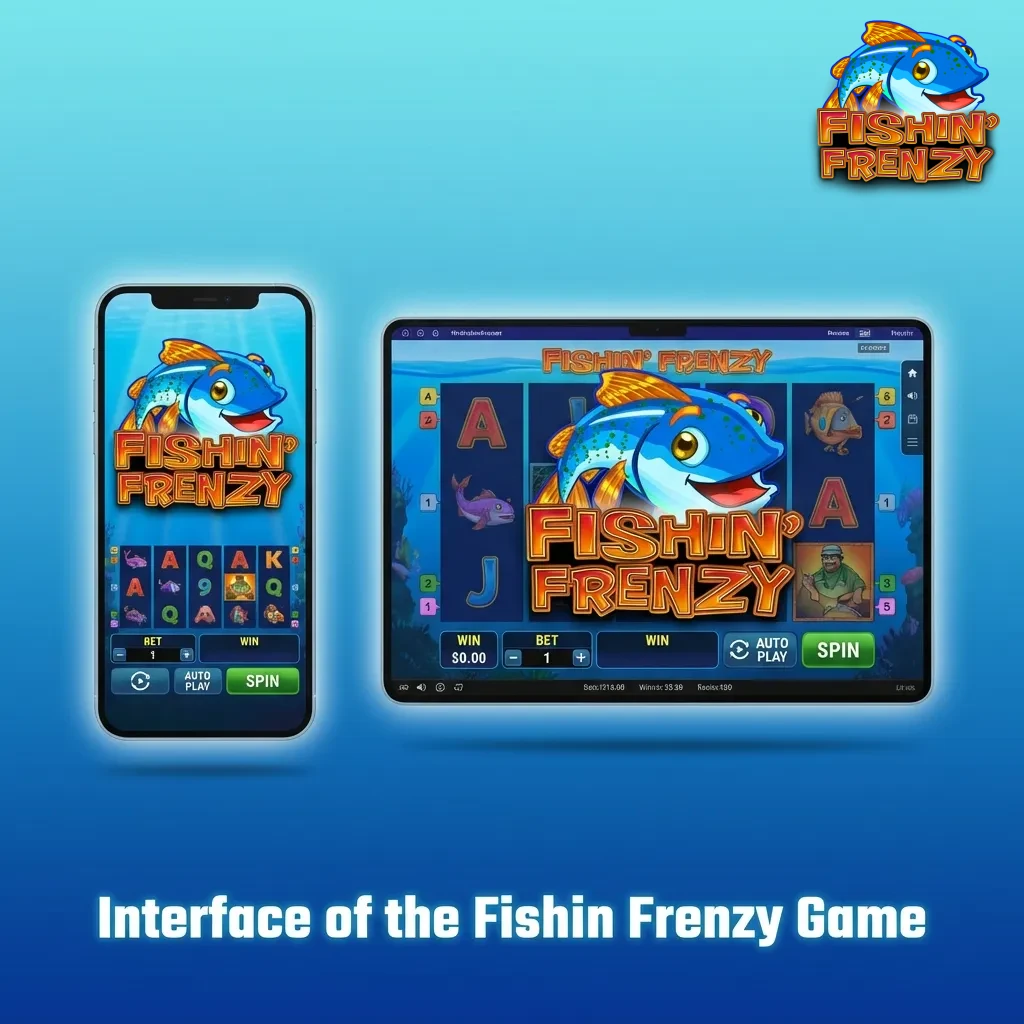 Fishin Frenzy slot game interface showing ocean-blue backdrop with control buttons at bottom and clear reel display